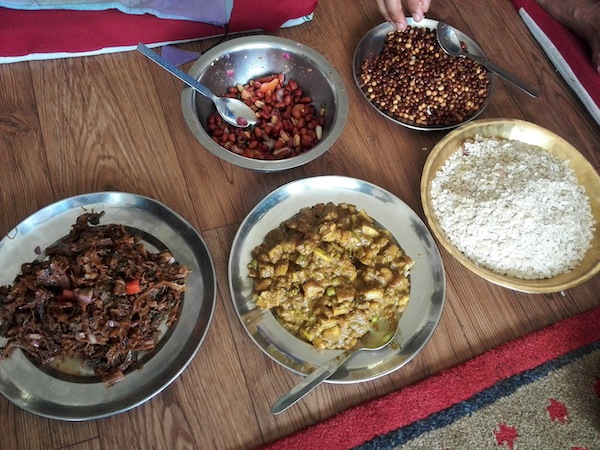 Gundruk ko achaar, bhatmaas, chiura, baadam, and aalu ko achaar
