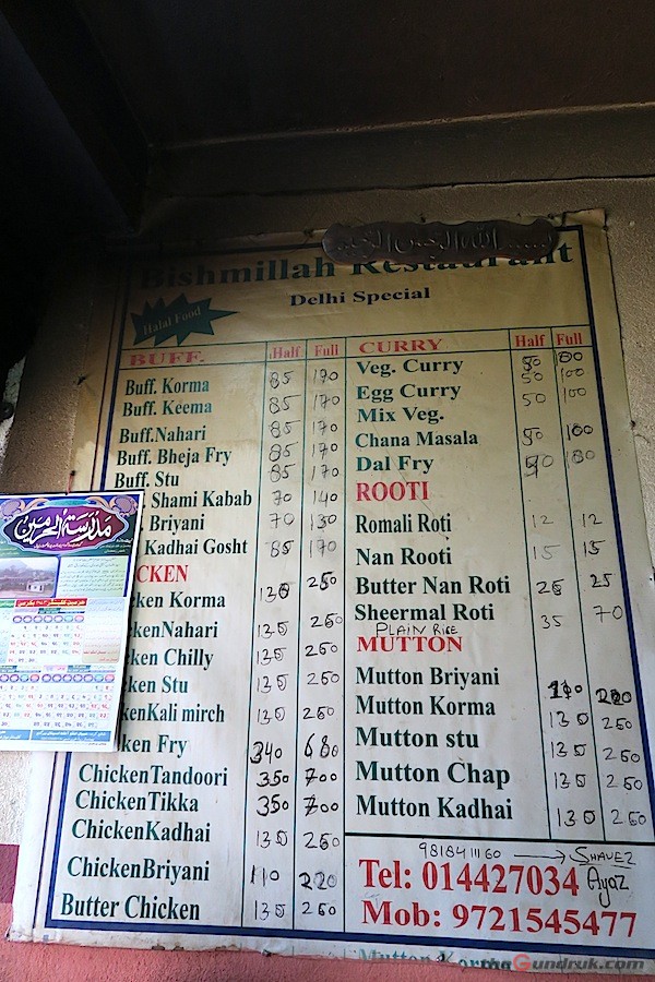 Muslim food menu at Bishmillah Restaurant in Thamel Muslim Tole- assimilates to local food culture by adopting buff