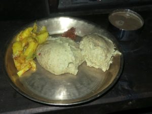 maize dhido with local beans daal and curry in Chhepka